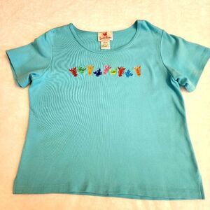 Quacker Factory Womens Shirt Sleeve Crew Neck Embroidered Tshirt Size Medium